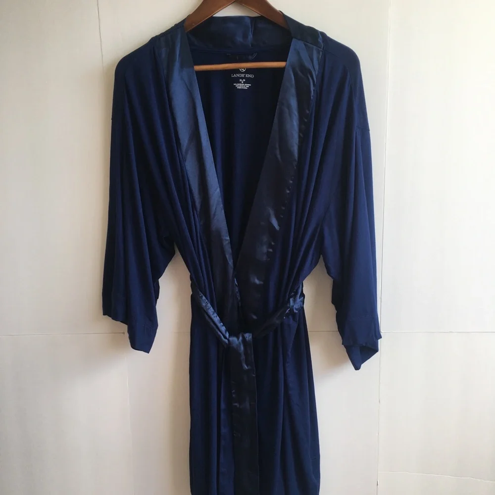 Lands' End Satin-Trim Midnight Blue Navy Robe NWOT- XL